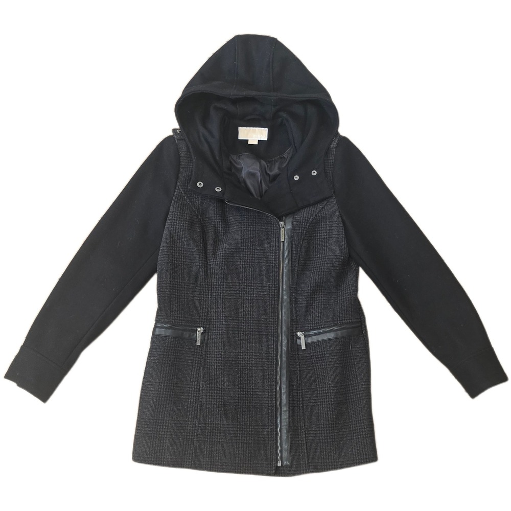 Michael Kors Womens Grey Plaid Wool Blend Hooded Mixed Media Moto Coat Size‎ 6